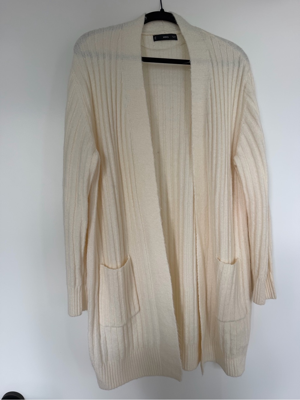 Mango Off-White Ribbed Open-Front Long Cardigan